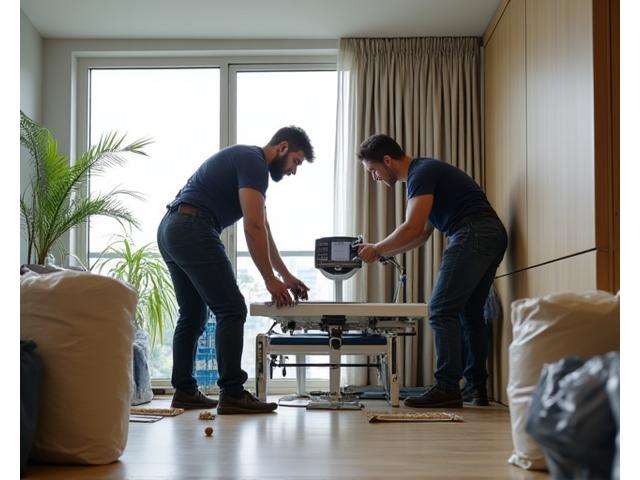 Team of skilled technicians efficiently installing eco-friendly gym equipment, with focus on waste reduction and clean work environment.